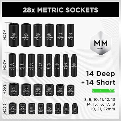 SWANLAKE GARDEN TOOLS 38'' Drive Impact Socket Set 50Piece Standard SAE (516 to 34 cm) and Metric (822mm) Size 6 Point CrV 38Inch Ratchet Handle Extension Bar Universal Joint