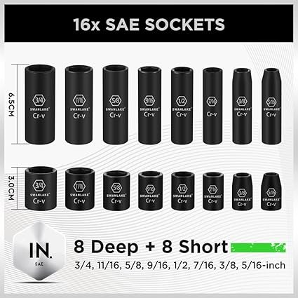 SWANLAKE GARDEN TOOLS 38'' Drive Impact Socket Set 50Piece Standard SAE (516 to 34 cm) and Metric (822mm) Size 6 Point CrV 38Inch Ratchet Handle Extension Bar Universal Joint