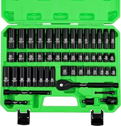 SWANLAKE GARDEN TOOLS 38'' Drive Impact Socket Set 50Piece Standard SAE (516 to 34 cm) and Metric (822mm) Size 6 Point CrV 38Inch Ratchet Handle Extension Bar Universal Joint