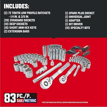 81V1KUlZFxL._AC_SX425_.jpg CRAFTSMAN Mechanics Tool Set 83 Piece Hand Tool and Socket Set SAEMetric (CMMT12121)